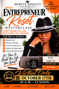 Entrepreneur Reset Masterclass virtual event flyer, October 17, 10 a.m. to noon, presented by Martyz Royalty aka Maquissa
