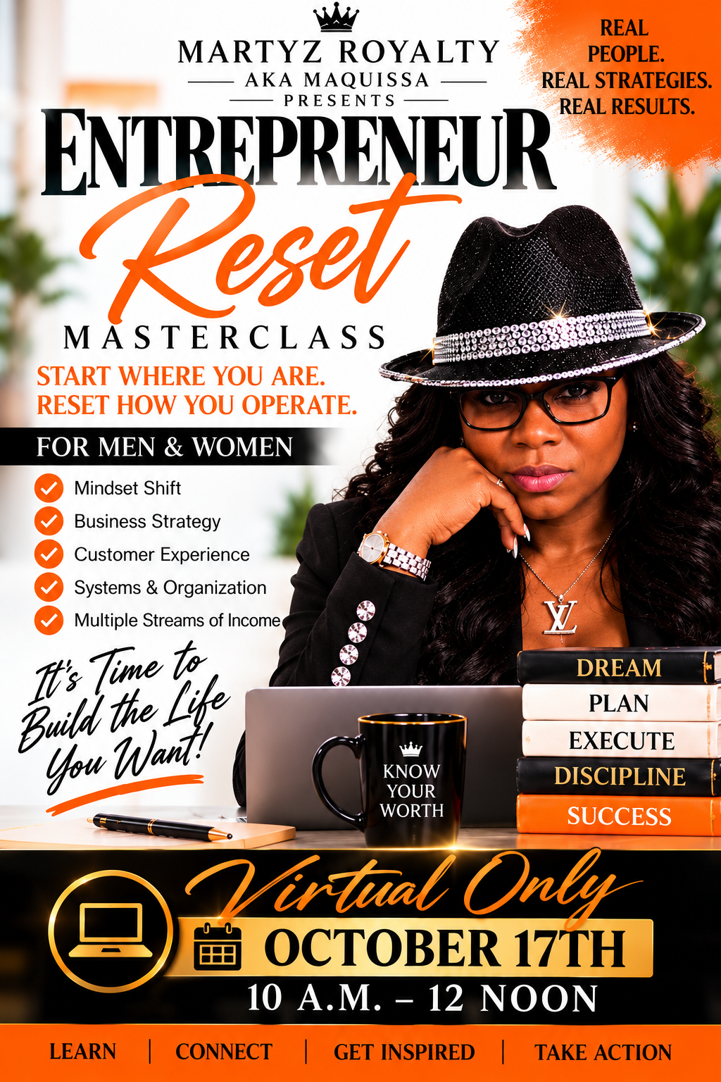 Entrepreneur Reset Masterclass virtual event flyer, October 17, 10 a.m. to noon, presented by Martyz Royalty aka Maquissa